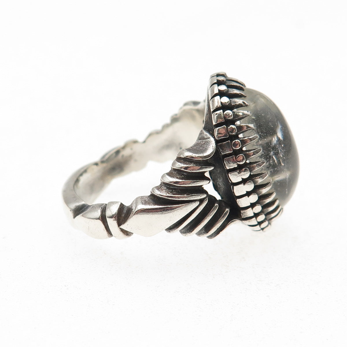 925 Sterling Silver Vintage Real Clear Quartz Modernist Oxidized Ring Size 9.25