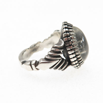 925 Sterling Silver Vintage Real Clear Quartz Modernist Oxidized Ring Size 9.25