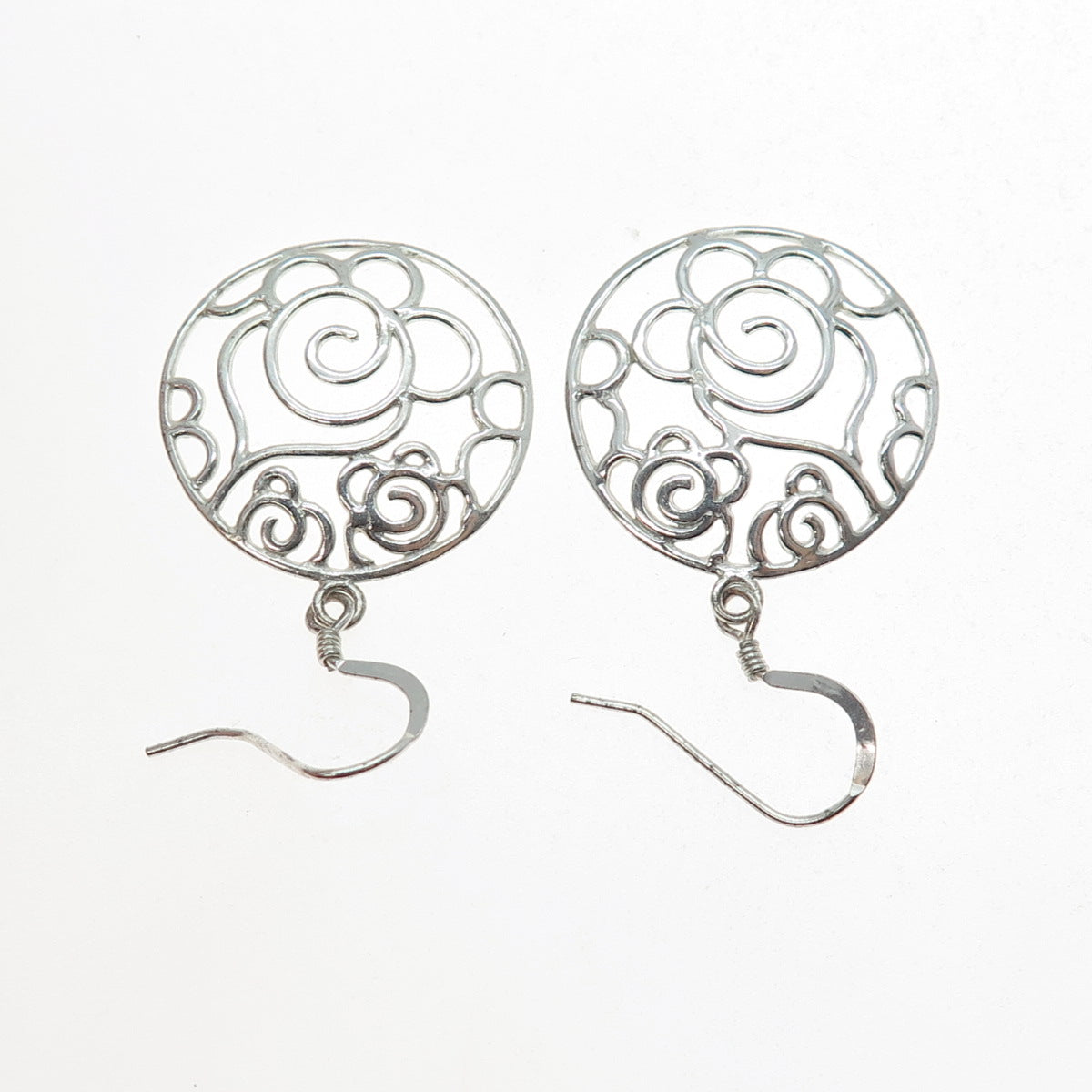 925 Sterling Silver Vintage Ornate Rose Flower Dangle Earrings