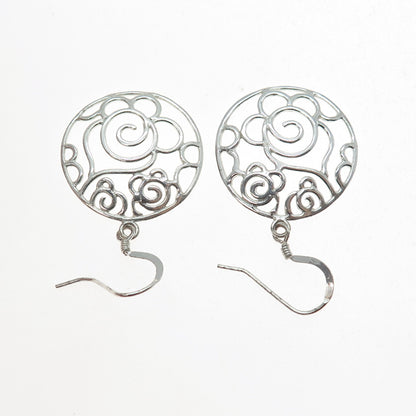925 Sterling Silver Vintage Ornate Rose Flower Dangle Earrings
