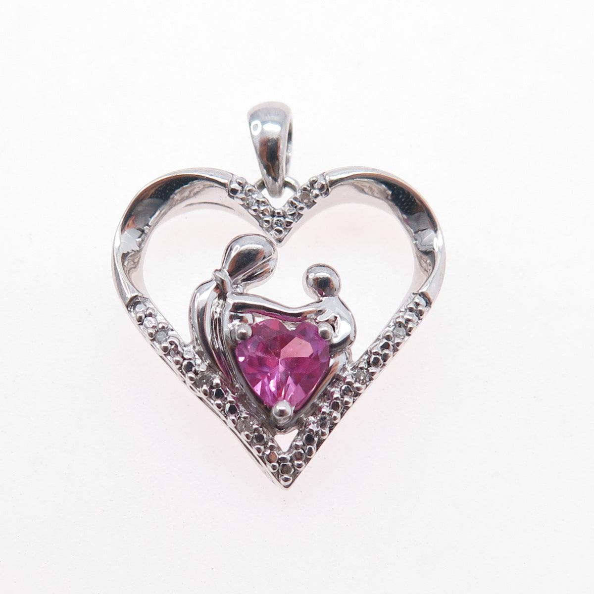 SUN Sterling Silver Real Diamond Pink Sapphire Mom & Child Heart Charm Pendant