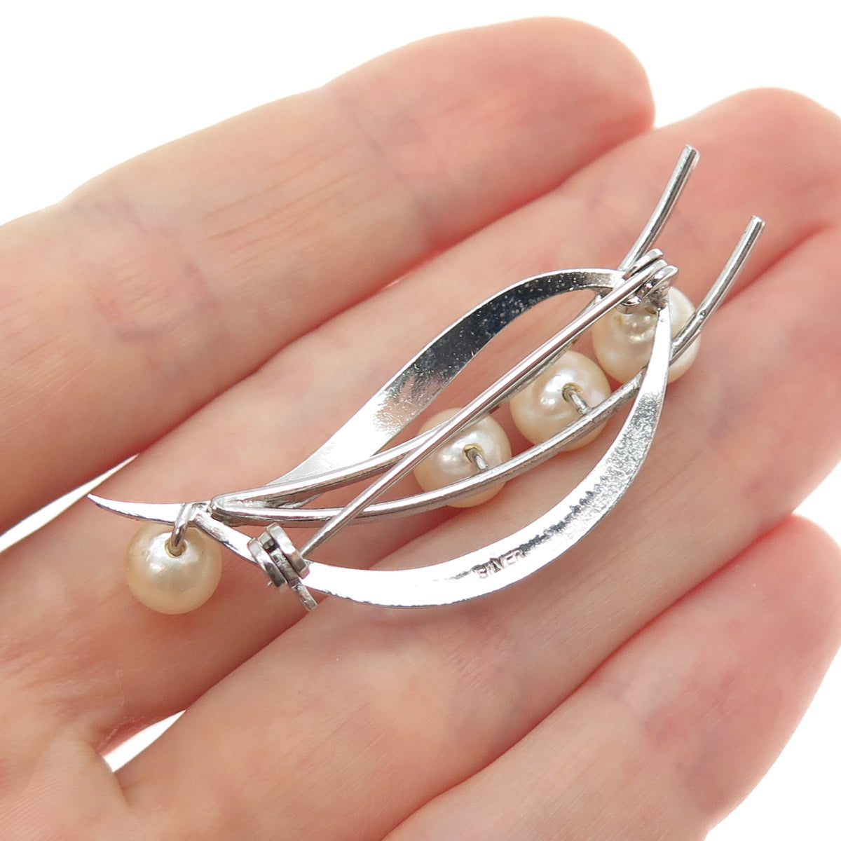 925 Sterling Silver Antique Japan Real Akoya Pearl Floral Pin Brooch