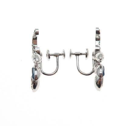 925 Sterling Silver Antique Art Deco Blue & White Rhinestone Screw Back Earrings