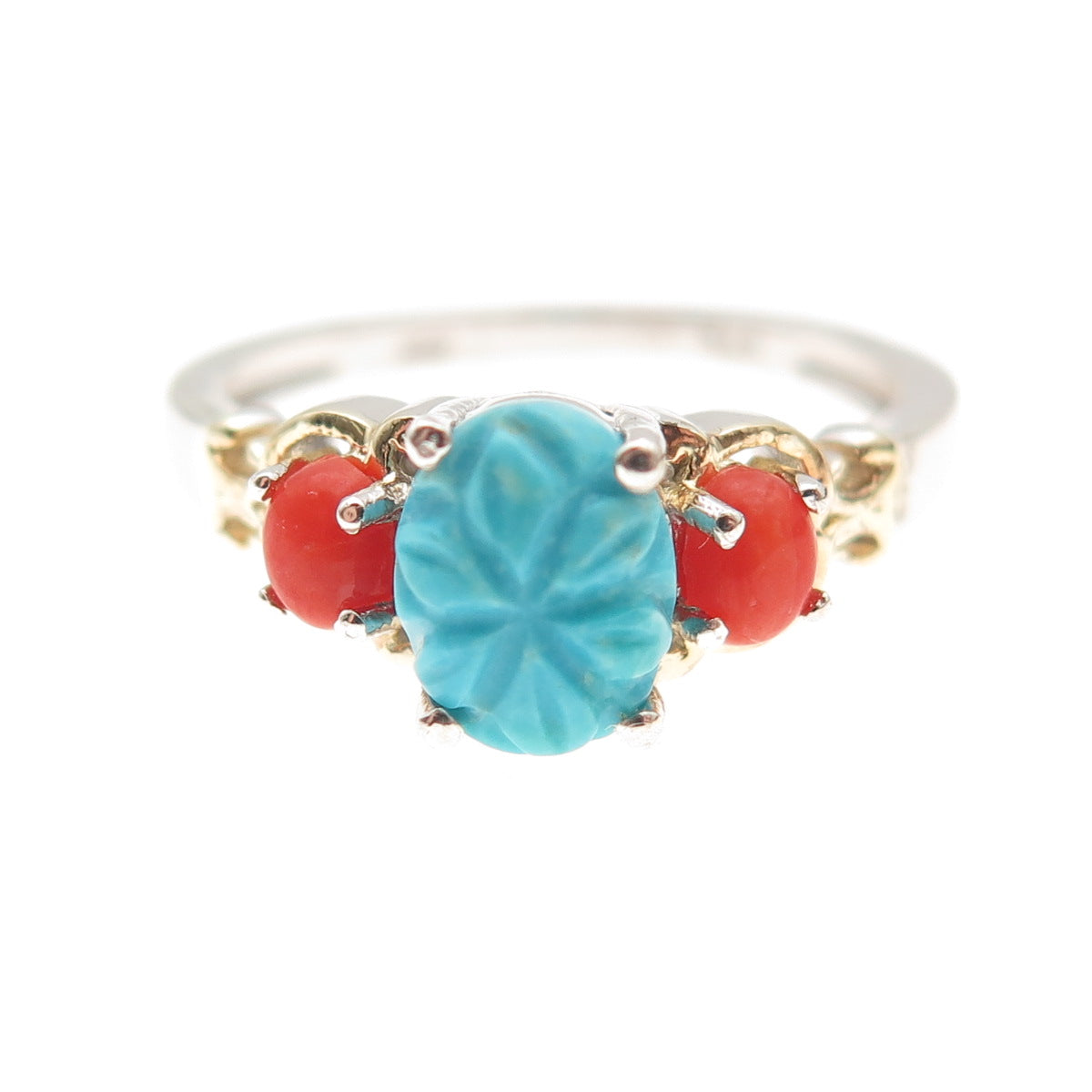 Chuck Clemency 925 Sterling Silver 2-Tone Real Turquoise & Coral Ring Size 8