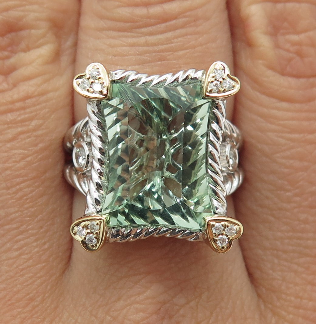 DANWAK 18K Gold Sterling 14 Diamond 0.20ct Green Amethyst 8.65ct Ring Size 7.25