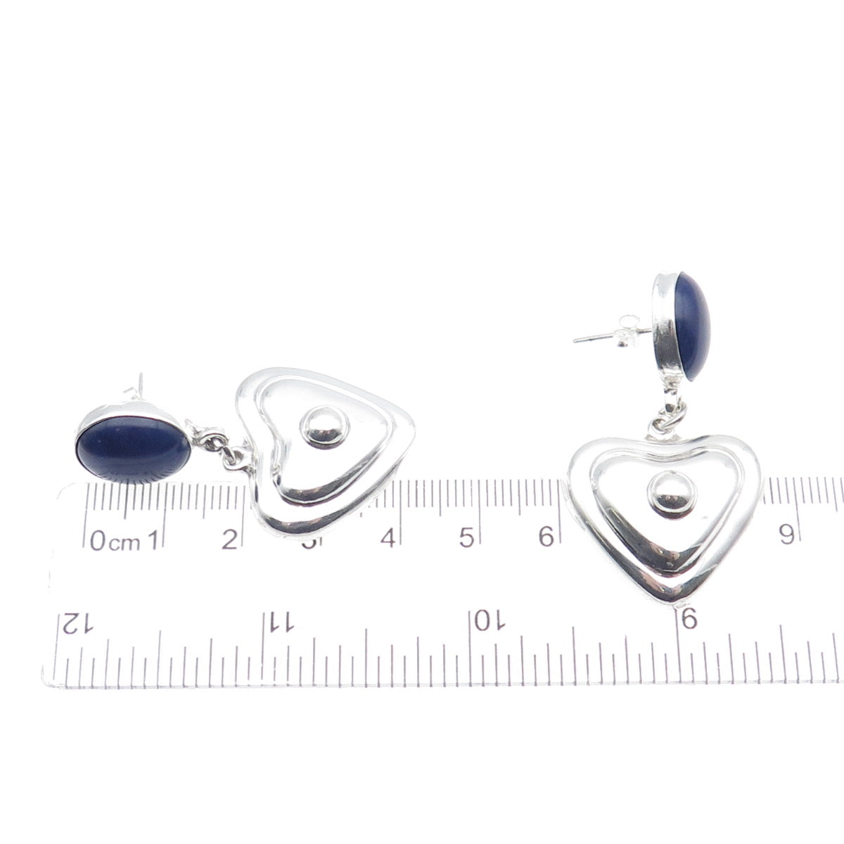 925 Sterling Silver Vintage Mexico Real Lapis Lazuli Heart Dangle Earrings