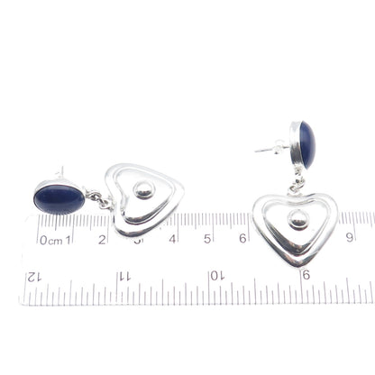 925 Sterling Silver Vintage Mexico Real Lapis Lazuli Heart Dangle Earrings