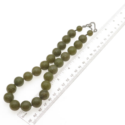 925 Sterling Silver Vintage Real Olive Green Jade Ball Beaded Necklace 16"