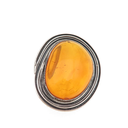 835 Silver Vintage Czechia Real Amber Modernist Oxidized Pin Brooch