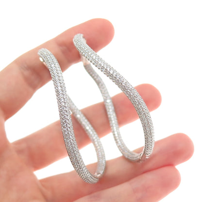 KLEO 925 Sterling Silver Round-Cut C Z In & Out Wavy Large Hoop Earrings
