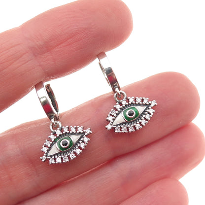 925 Sterling Silver Enamel & C Z Evil's Eye Dangle Charm Hoop Earrings