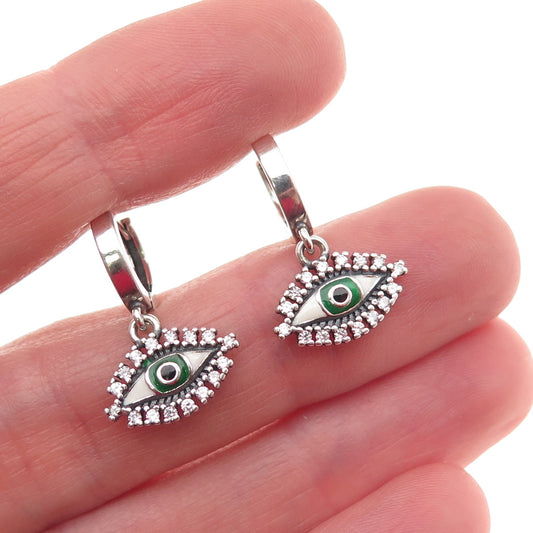 925 Sterling Silver Enamel & C Z Evil's Eye Dangle Charm Hoop Earrings