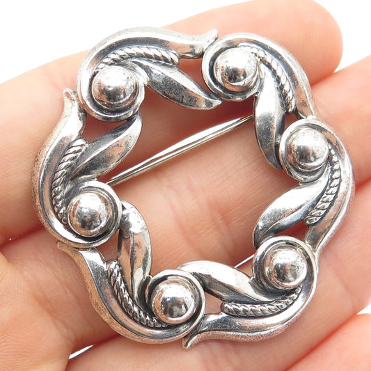 DANECRAFT 925 Sterling Silver Antique Art Deco Floral Circle Oxidized Pin Brooch