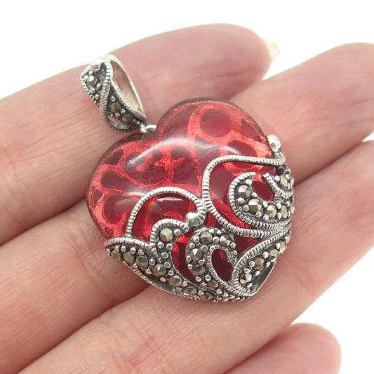 ROSS SIMONS 925 Sterling Silver Vintage Real Marcasite & Glass Heart Pendant