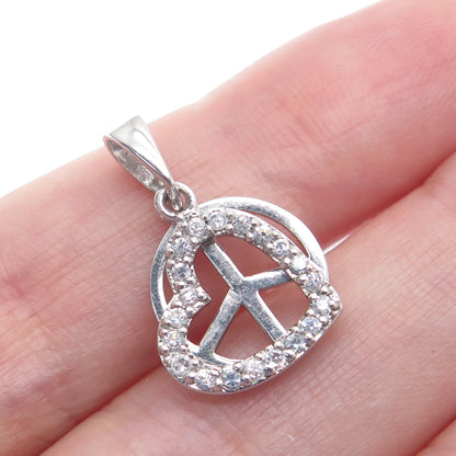 925 Sterling Silver ATI C Z Open Heart & Symbol of Peace Minimalist Pendant