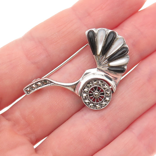 925 Sterling Silver Vintage Real Black Onyx MOP & Marcasite Baby Stroller Brooch
