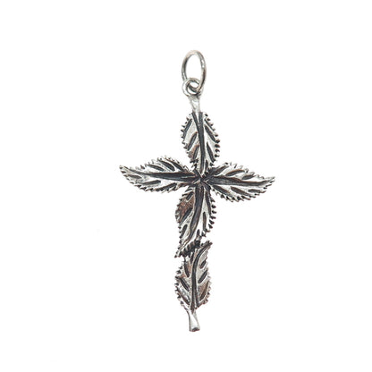 925 Sterling Silver Vintage Floral Leaf Cross Oxidized Pendant