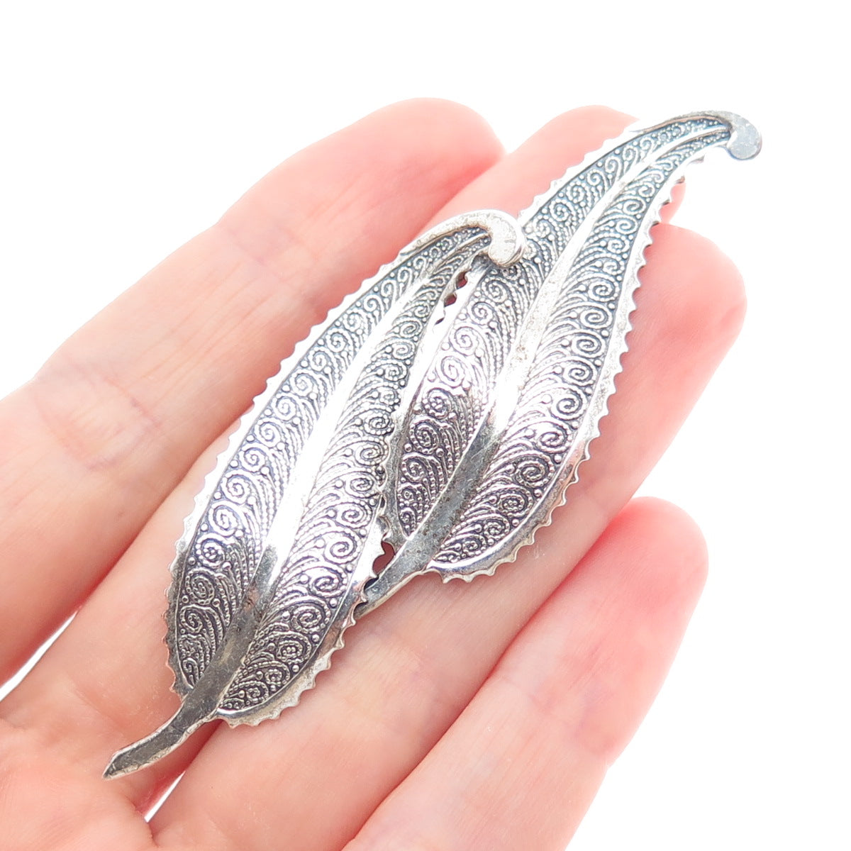 BEAU 925 Sterling Silver Vintage Feather Oxidized Pin Brooch