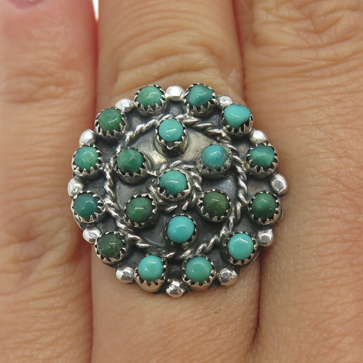 Old Pawn Sterling Silver Royston Turquoise Snake Eye Floral Tribal Ring Size 4.5