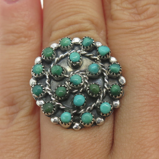 Old Pawn Sterling Silver Royston Turquoise Snake Eye Floral Tribal Ring Size 4.5