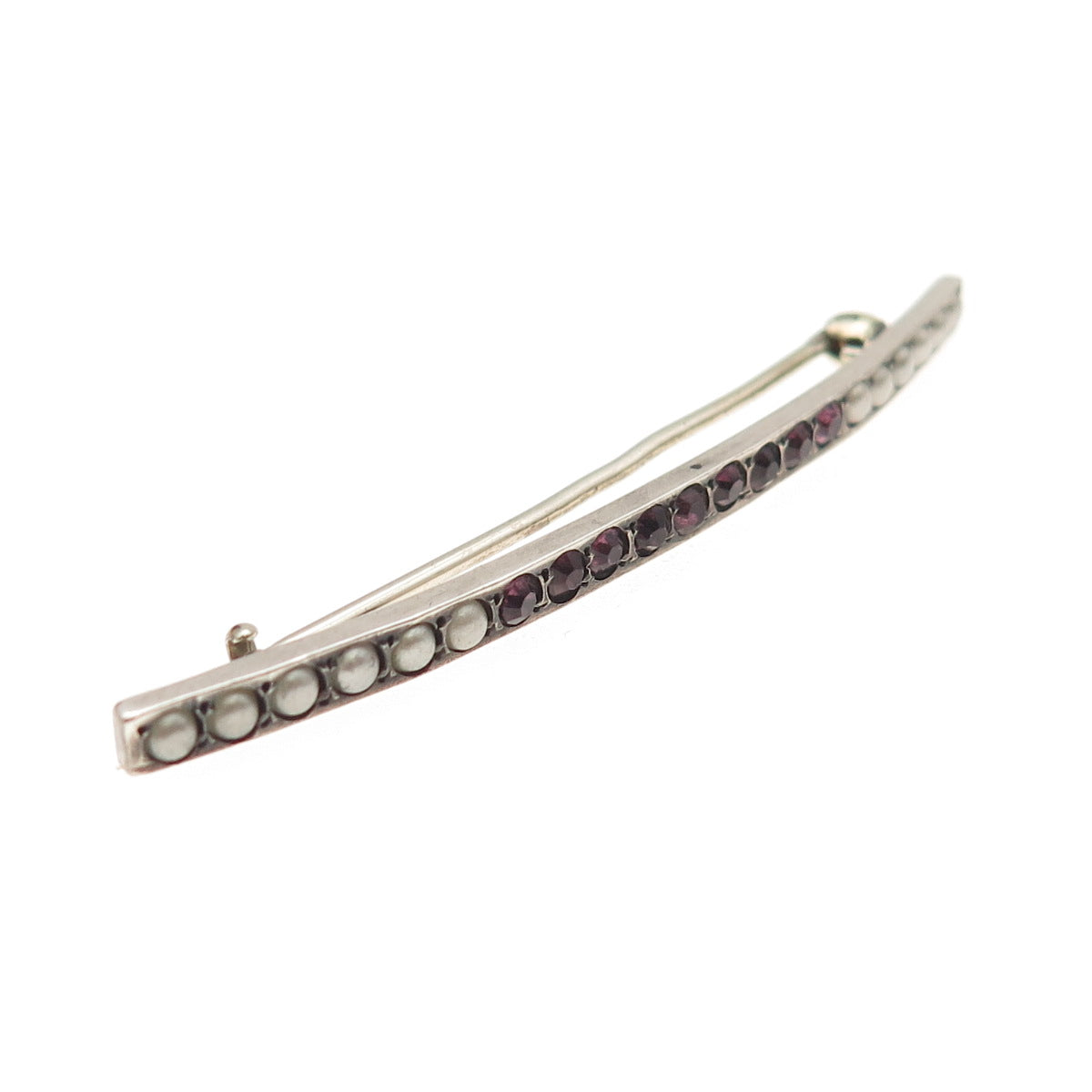 925 Sterling Silver Antique Art Deco Faux Pearl & Rhinestone Bar Pin Brooch