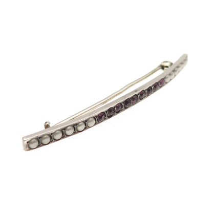 925 Sterling Silver Antique Art Deco Faux Pearl & Rhinestone Bar Pin Brooch