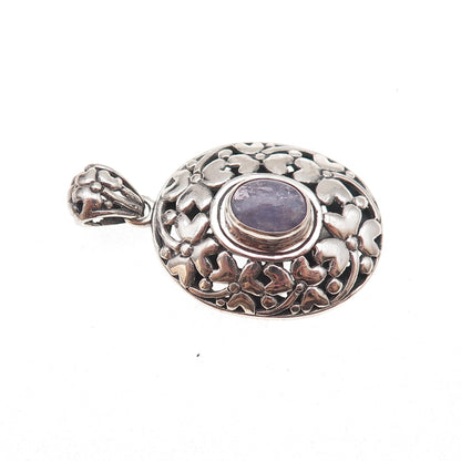 925 Sterling Silver Vintage Real Tanzanite Floral Oxidized Charm Pendant