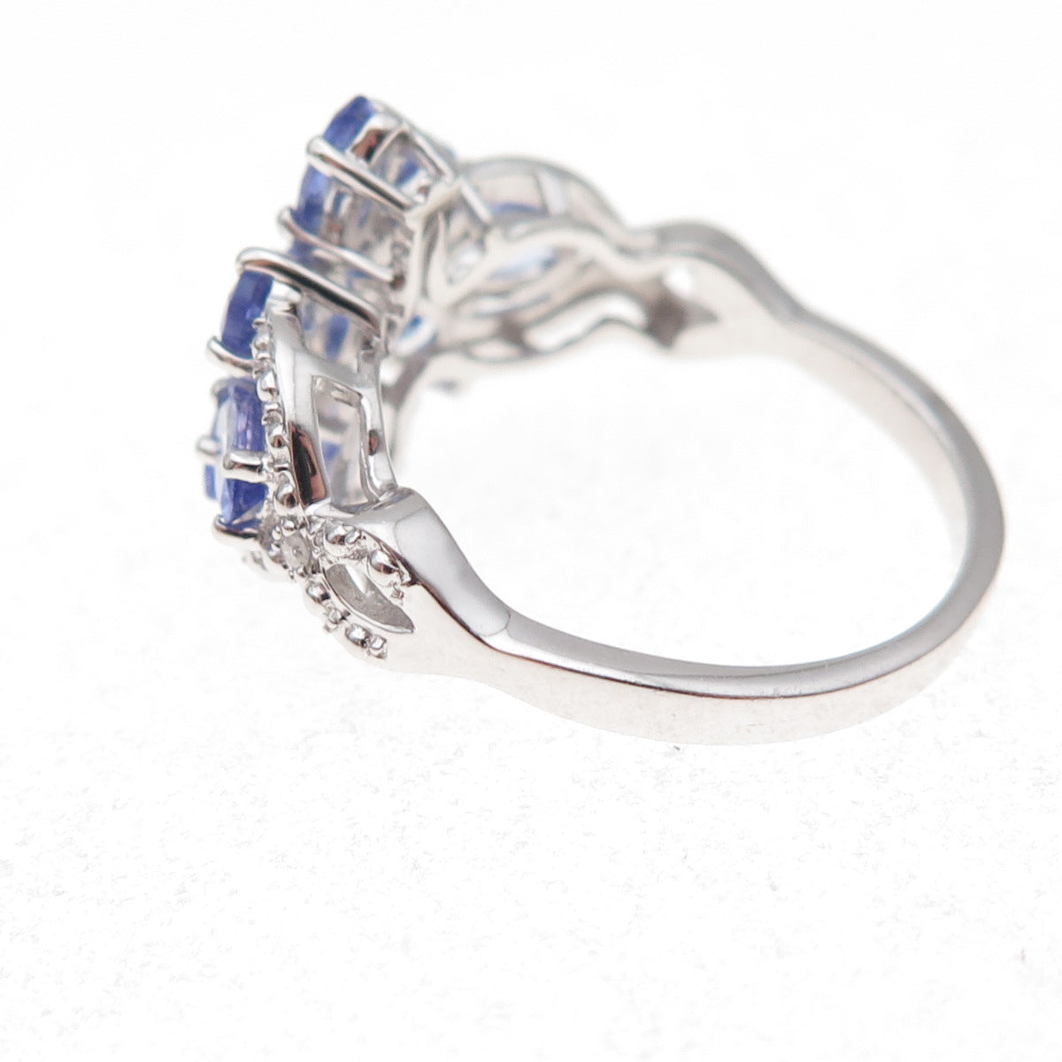925 Sterling Silver Real Diamond Accent & Tanzanite Floral Ring Size 8
