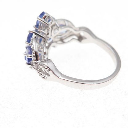 925 Sterling Silver Real Diamond Accent & Tanzanite Floral Ring Size 8