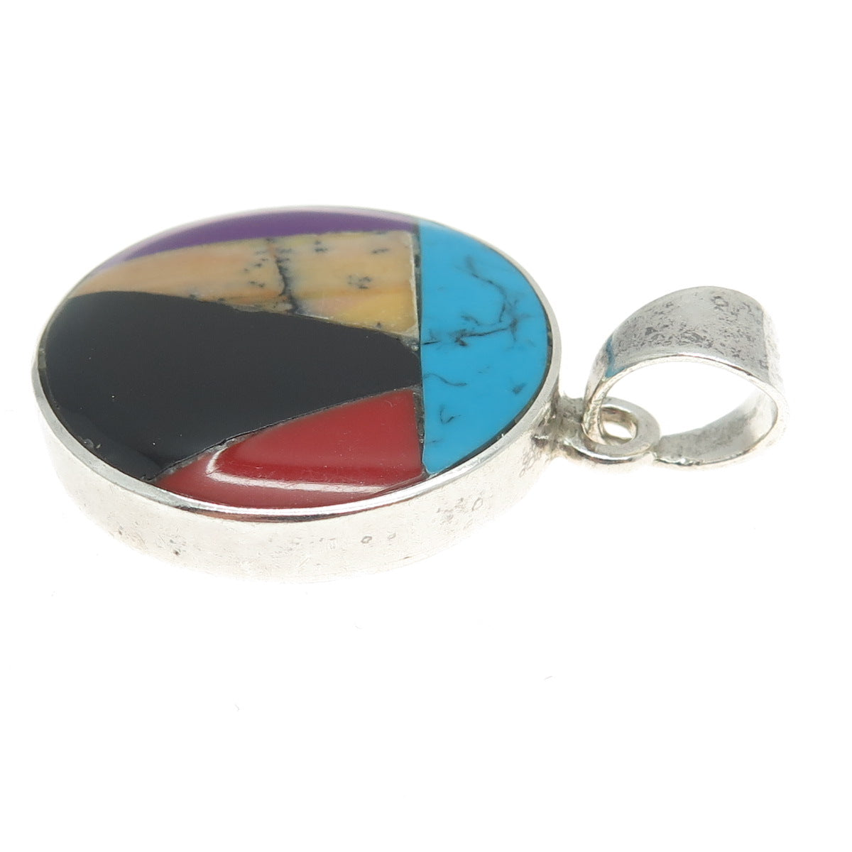 925 Sterling Silver Vintage Mexico Black Onyx Sugilite Turquoise Jasper Pendant