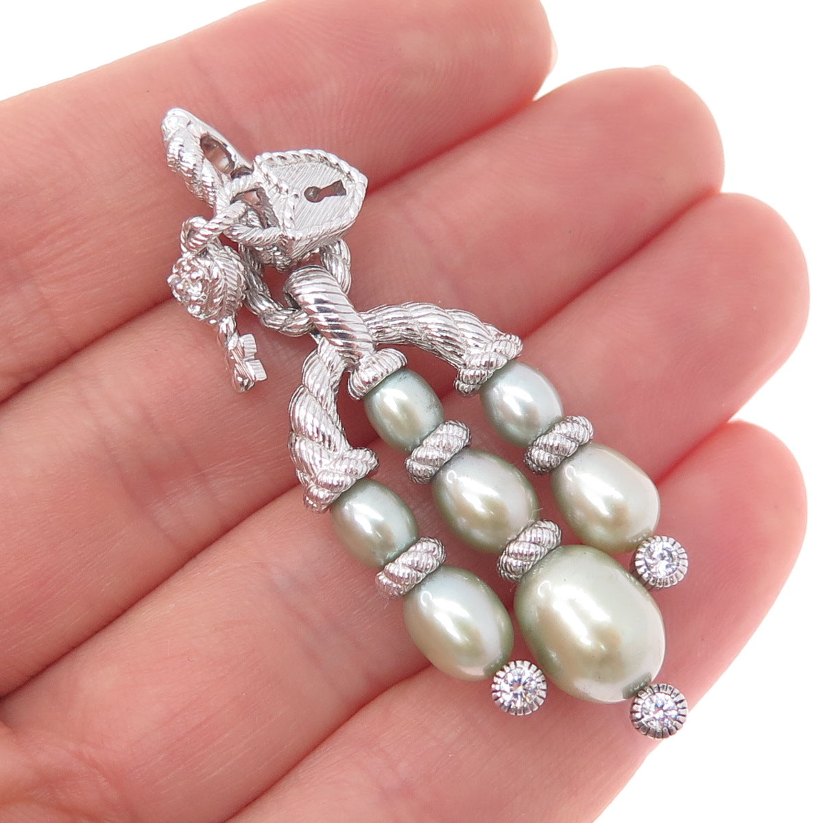 925 Sterling Silver Real Pearl & C Z Heart Key Padlock Dangle Pendant