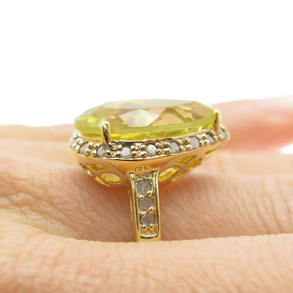 925 Sterling Silver Gold Plated Real Round-Cut Diamond & Citrine Ring Size 8.25