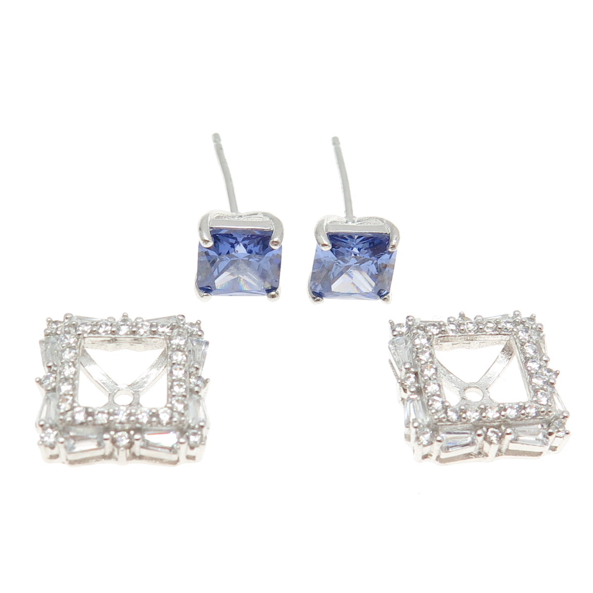 925 Sterling Silver White & Blue C Z Stud Earrings