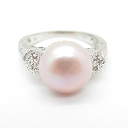 LUC 925 Sterling Silver Real Rose Pearl & White Topaz Ring Size 8.5