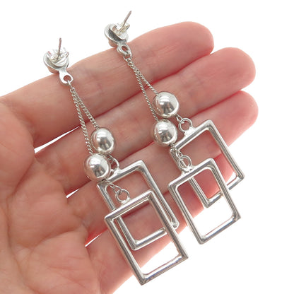 925 Sterling Silver Vintage Modernist Drop Ball & Frame Dangle Earrings