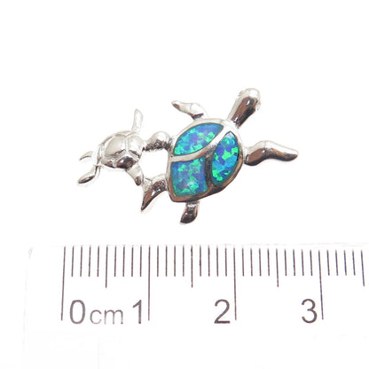 925 Sterling Silver Real Blue Opal Gemstone Mother & Baby Turtles Slide Pendant