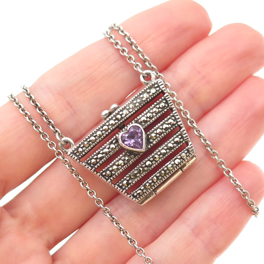 925 Sterling Vintage Real Heart-Cut Amethyst Marcasite Locket Purse Necklace 28"