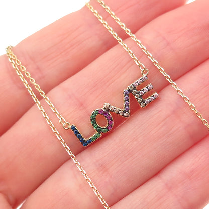 925 Sterling Silver Gold Plated Multi-Color C Z Love Cable Chain Necklace 16-18"