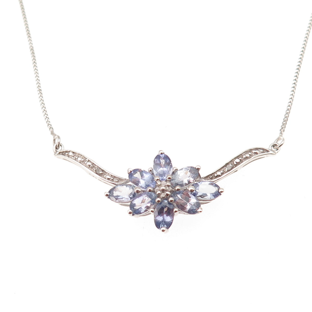 925 Sterling Silver Real Diamond & Tanzanite Floral Cuban Chain Necklace 20"