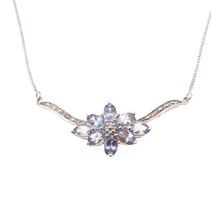 925 Sterling Silver Real Diamond & Tanzanite Floral Cuban Chain Necklace 20"