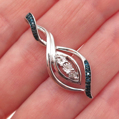 925 Sterling Silver Real Round-Cut Blue & White Diamond Twisted Charm Pendant