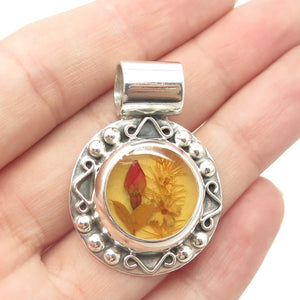 925 Sterling Silver Vintage Mexico Enamel Pressed Flower Round Pendant