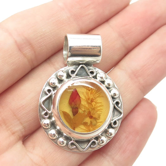 925 Sterling Silver Vintage Mexico Enamel Pressed Flower Round Pendant