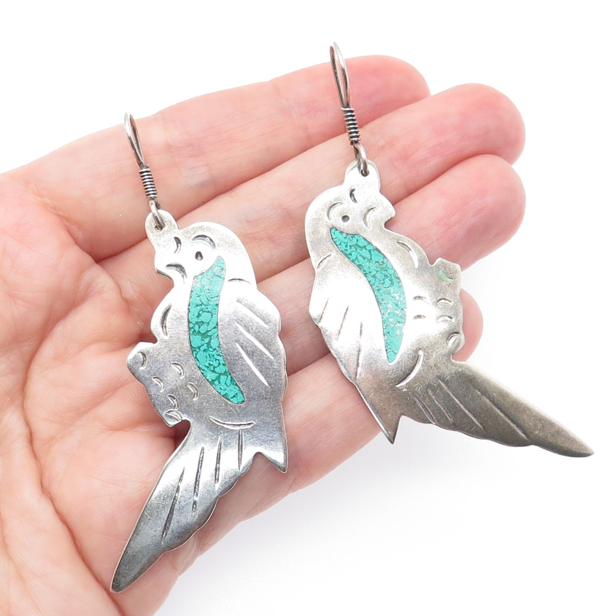 925 Sterling Silver Vintage Mexico Real Turquoise Inlay Parrot Dangle Earrings