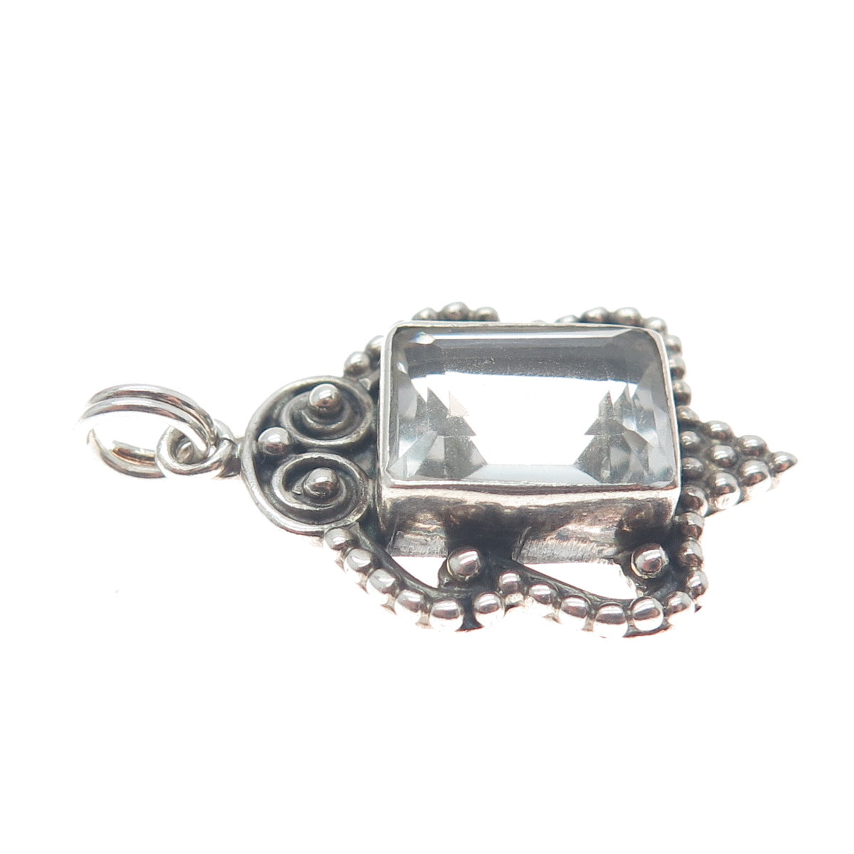 925 Sterling Silver Vintage Real White Topaz Gem Beaded Swirl Charm Pendant
