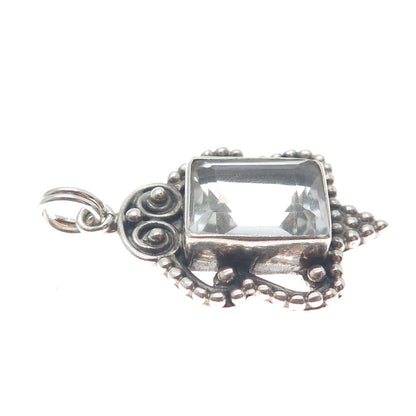 925 Sterling Silver Vintage Real White Topaz Gem Beaded Swirl Charm Pendant
