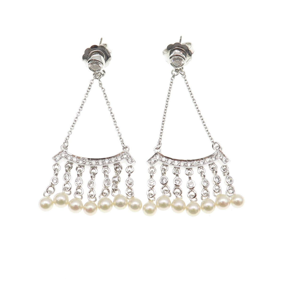 925 Sterling Silver Faux Pearl & C Z Chatelaine Dangle Earrings
