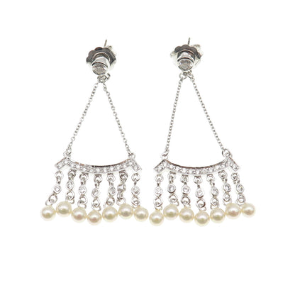 925 Sterling Silver Faux Pearl & C Z Chatelaine Dangle Earrings