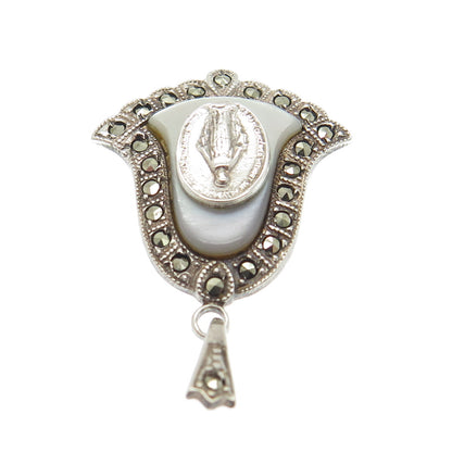 THEDA Sterling Silver Antique Art Deco Real MOP Marcasite St. Mary Bell Pendant