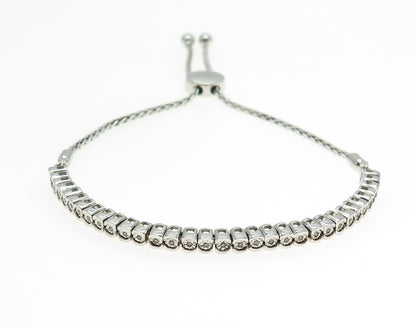 925 Sterling Silver Real Diamond Tennis Link Adjustable Bolo Bracelet 7-9.75"